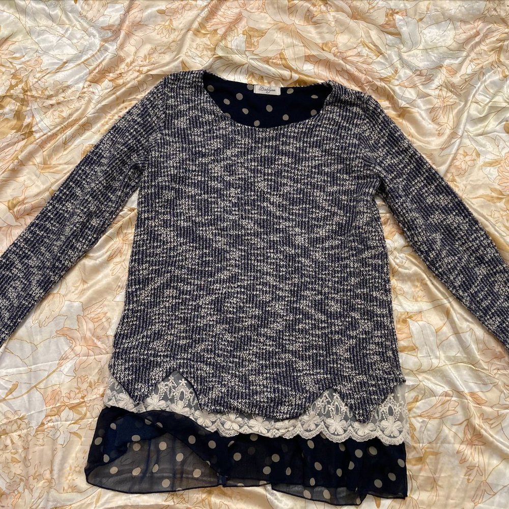 Binbinjieer Gray 3/4 Sleeve Knitted Sweater with Polka Dot and Floral Bottom